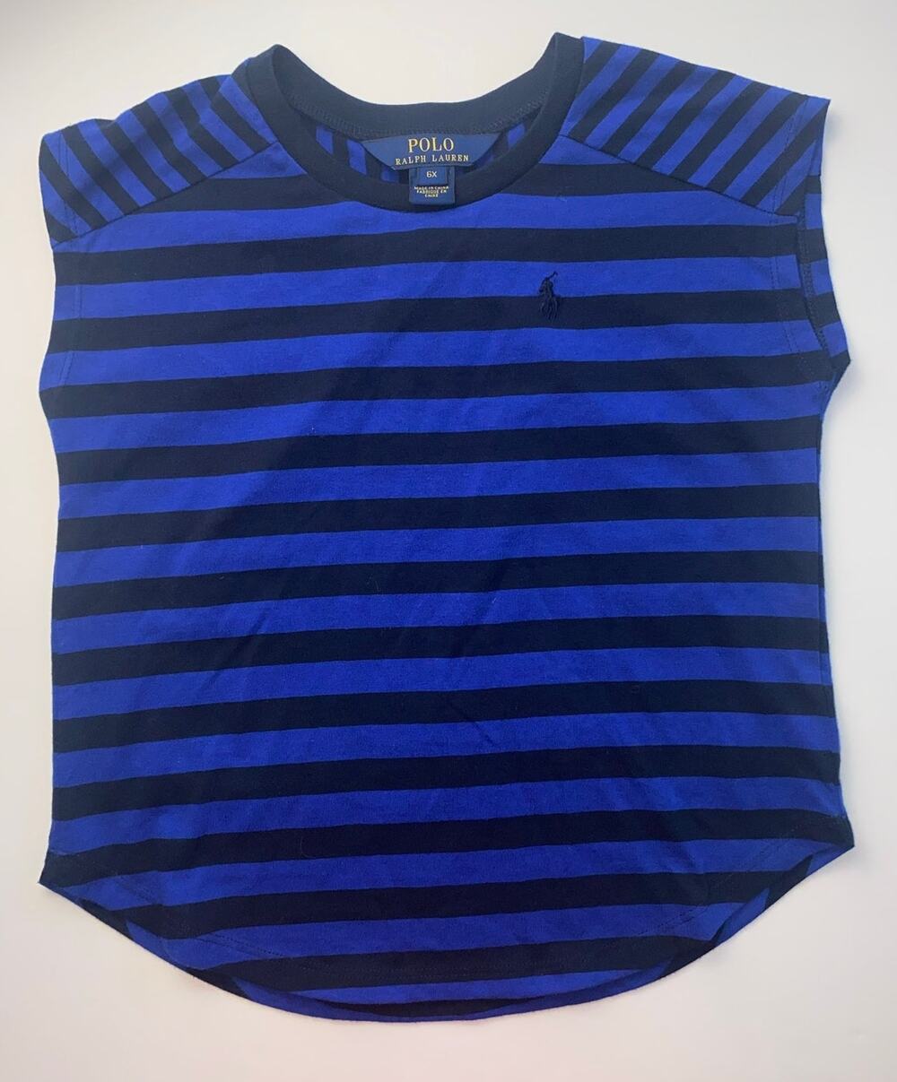 Polo Ralph Lauren Girls Blue Striped Cap Sleeve Blouse Size 6X